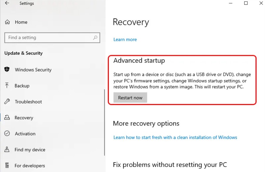 Image of Advanced-startup-option from recovery in windows 