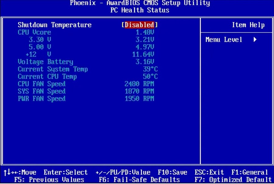 Image of PC fan settings BIOS settings