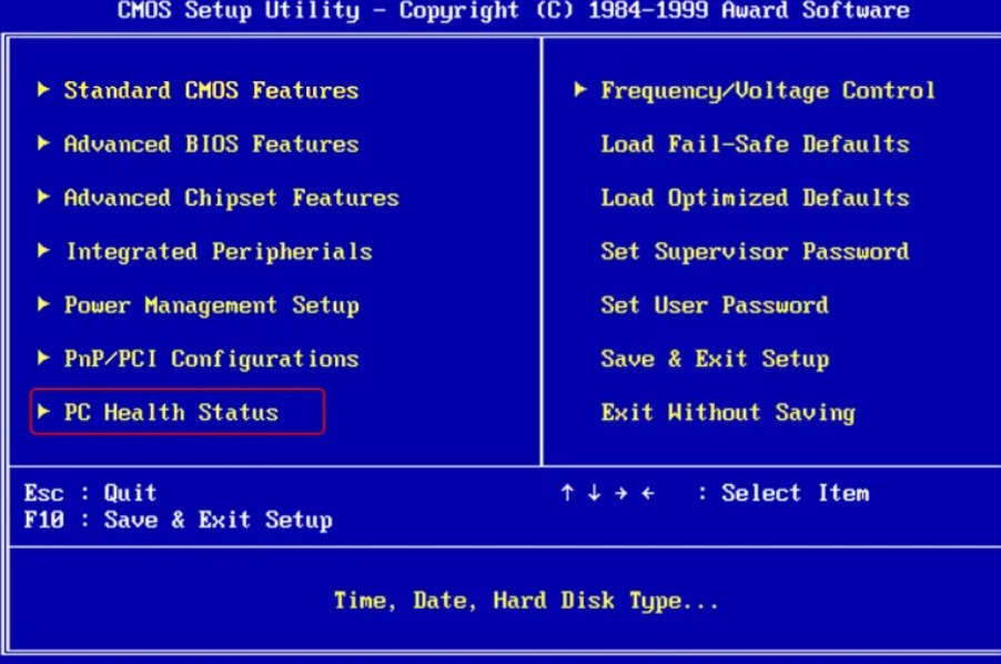 Image of BIOS settings PC health status 