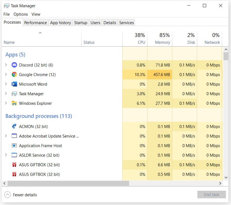 task manager to check for cpu usage 