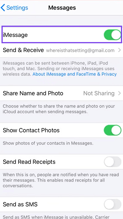 iOS iMessage settings