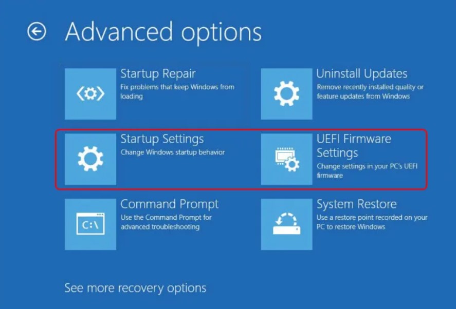 Image of startup settings UEFI firmware settings in windows 