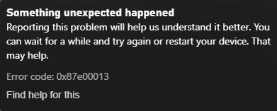 Xbox Error Code 0x87e00013