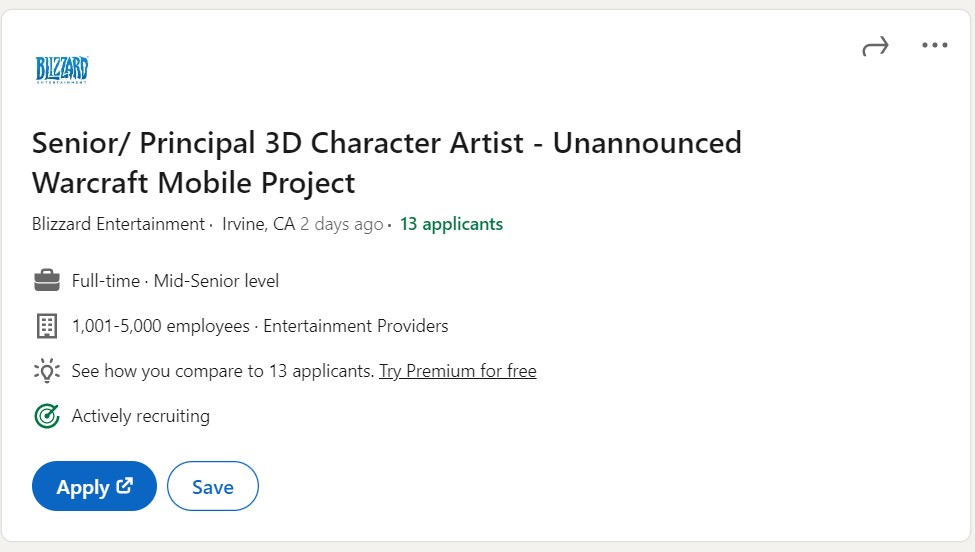 Senior/ Principal 3D Character Artist - Unannounced Warcraft Mobile Project