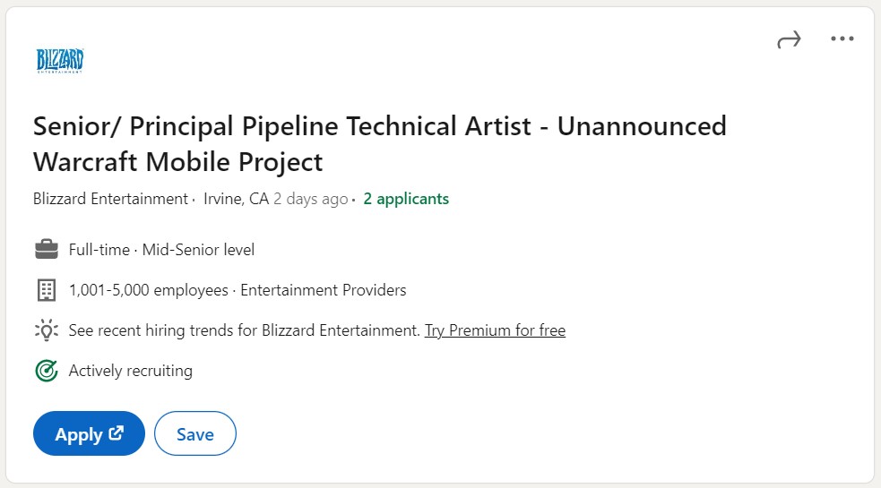 Senior/ Principal Pipeline Technical Artist - Unannounced Warcraft Mobile Project