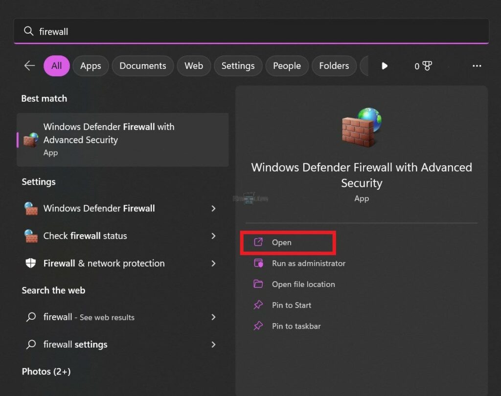 image of searching for Windows Defender Firewall 