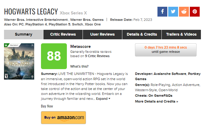 Hogwarts Legacy Overwhelmingly positive rating on Metacritic
