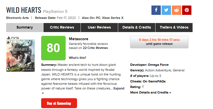 Wild Hearts gets 80 score on Metacritic.
