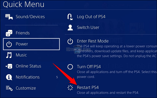 Image of Restart Screen on PS4