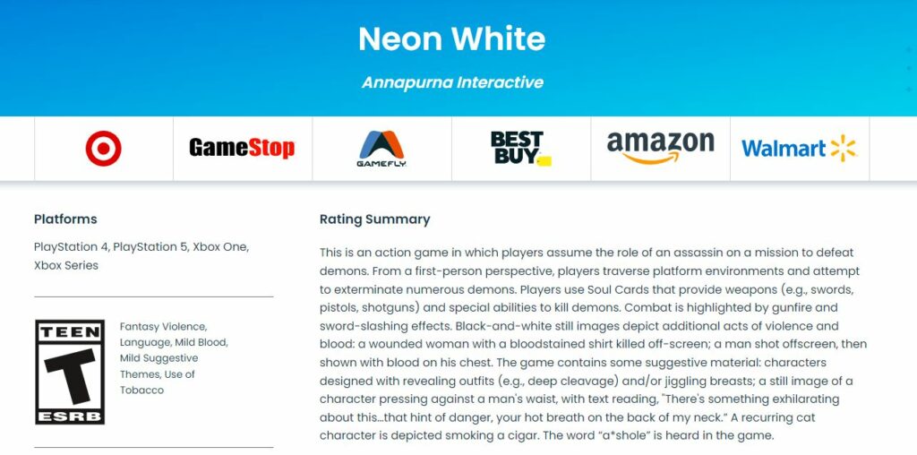 Neon White ERSB rating for Xbox Console