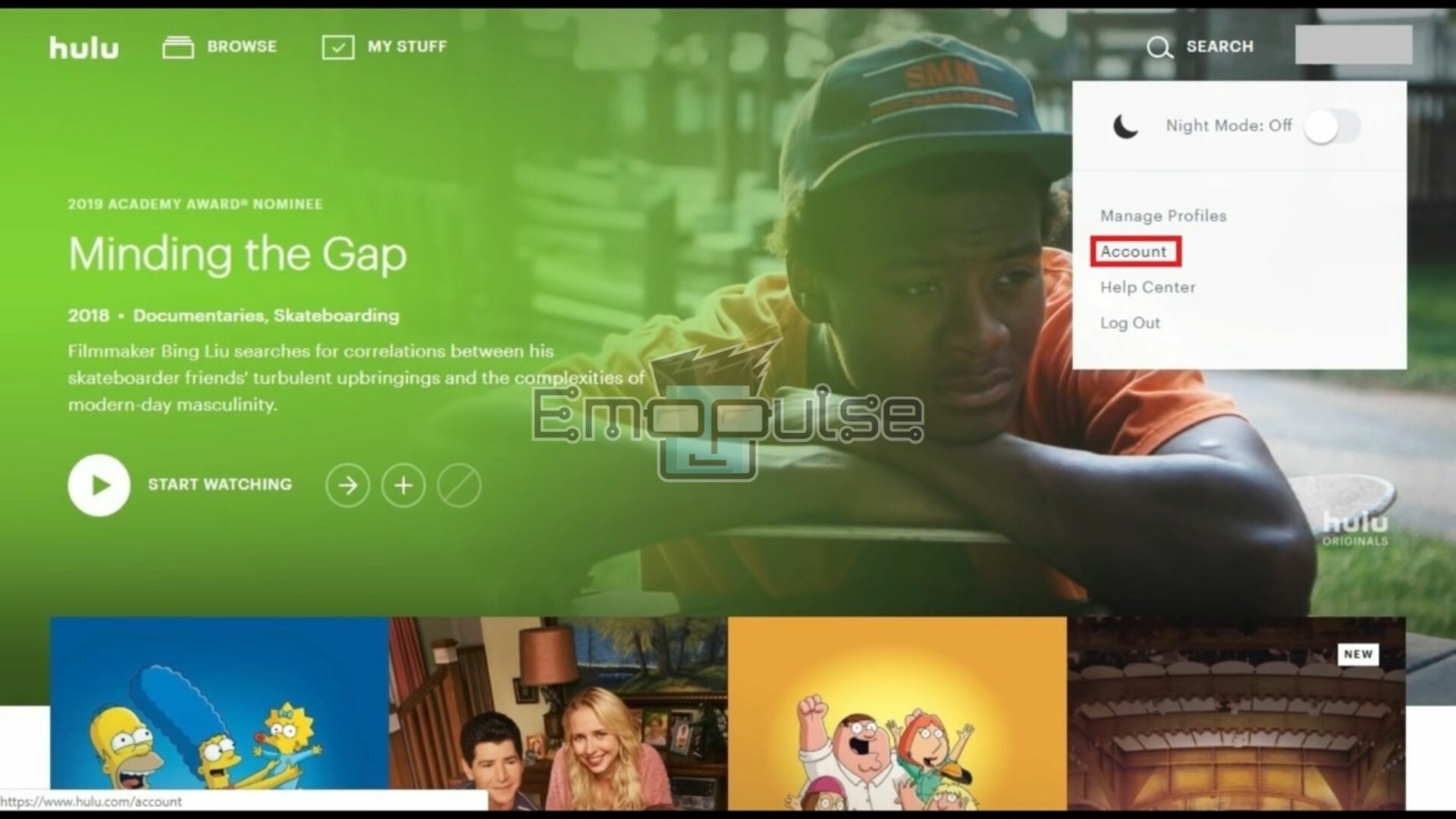 Account Option on Hulu Homepage