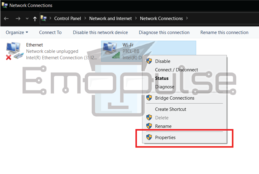 Network connection and properties options (Image credits: Emopulse)
