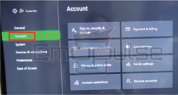 Account option in xbox