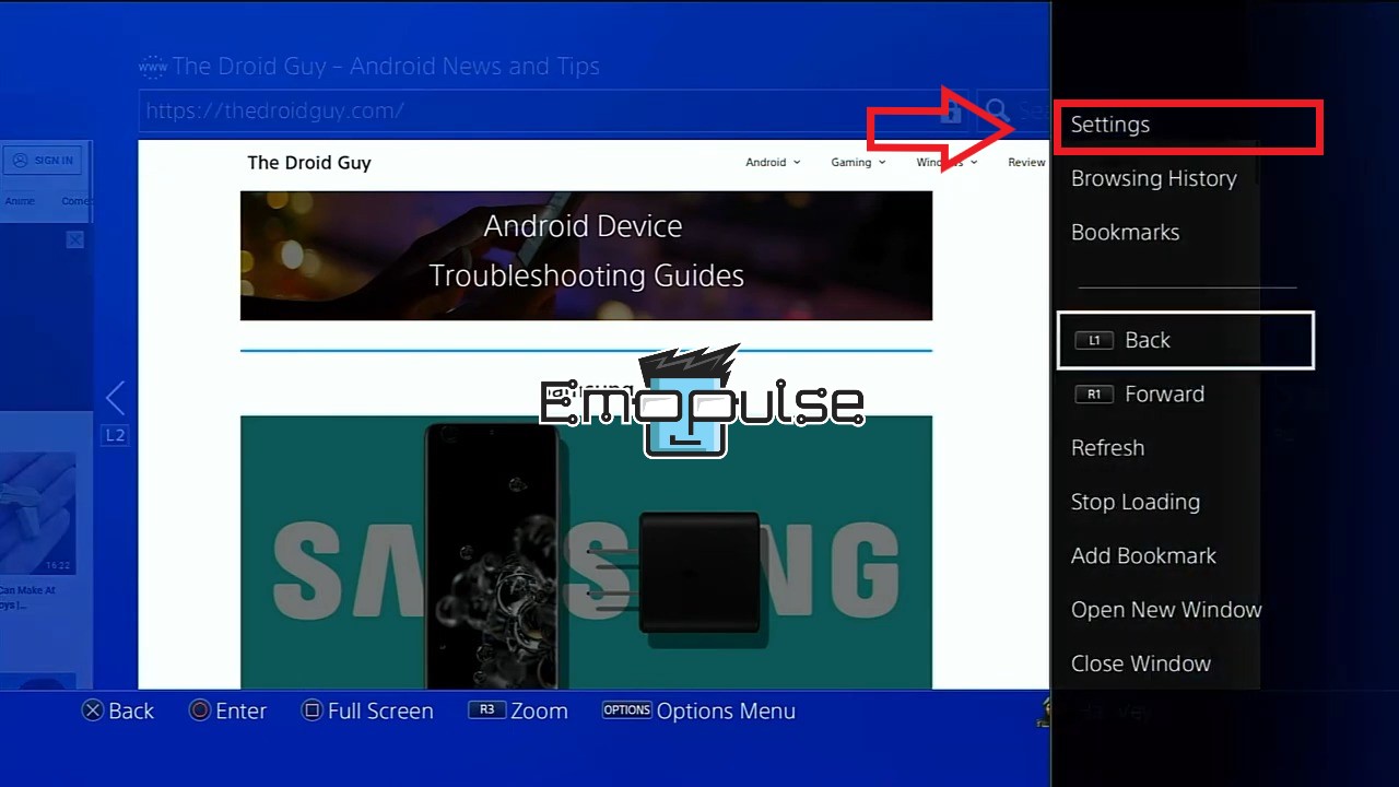 Imaeg of Settings in browser PS4