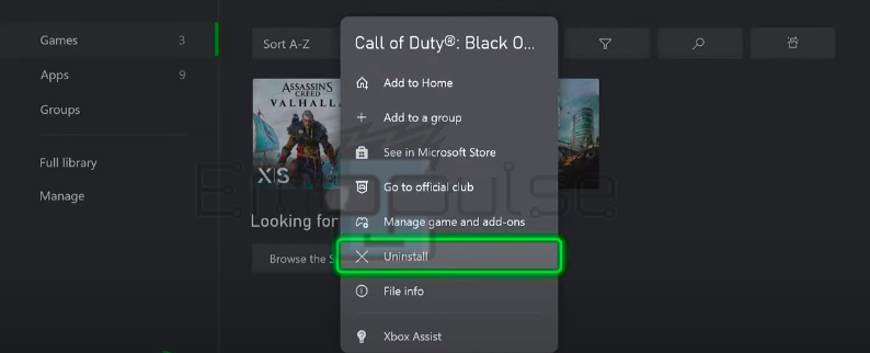 Uninstall option in the options menu