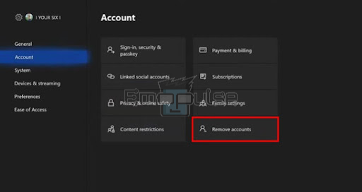 Image of remove accounts in the account of xbox settings 