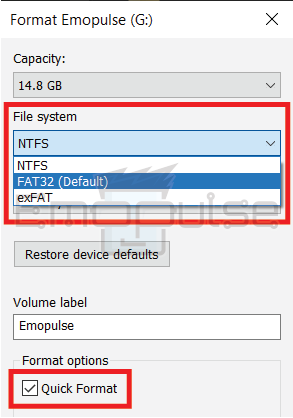 Format the USB drive with the FAT32 file system. (Image credits: emopulse)