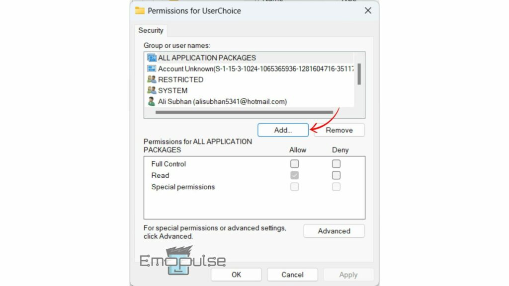 Adding a new Group or username to UserChoice Key Permissions