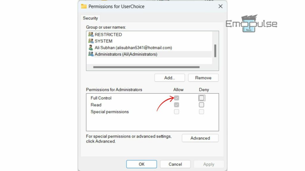 Allowing Full Control to Administrators
