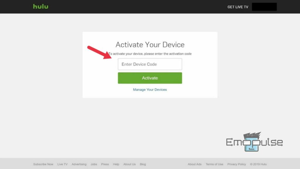 Enter the activation code on Hulu activate page