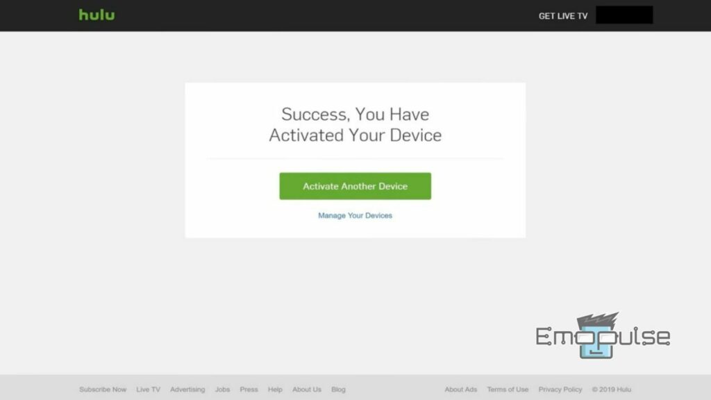 Hulu Device Activation Confirmation Page