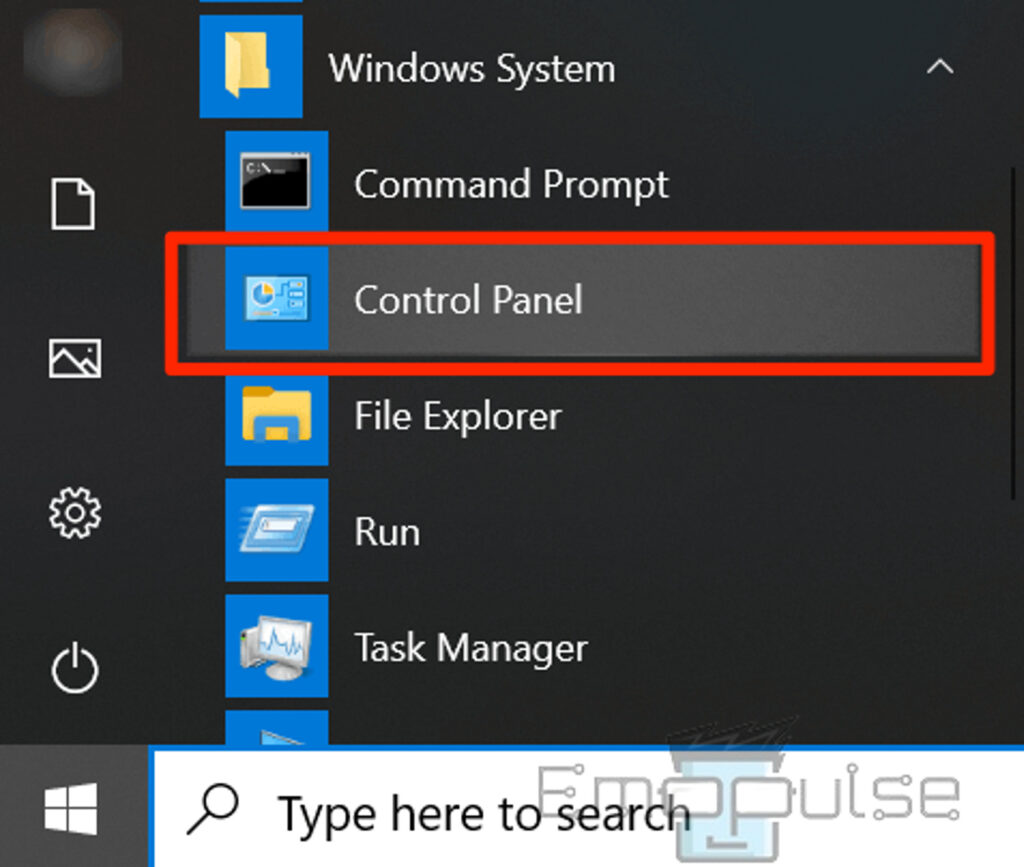 Start button > Control Panel