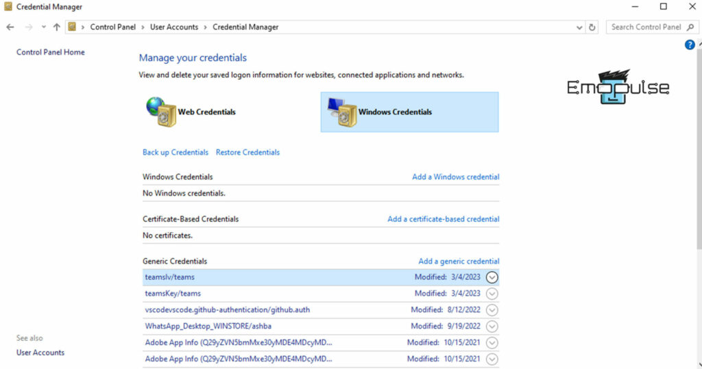 Delete Windows credentials to resolve Windows Needs Your Current Credentials error