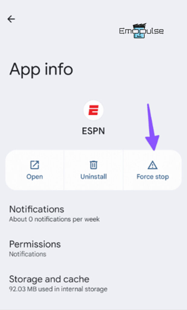 Force stop ESPN to resolve the ESPN App Keeps Crashing issue