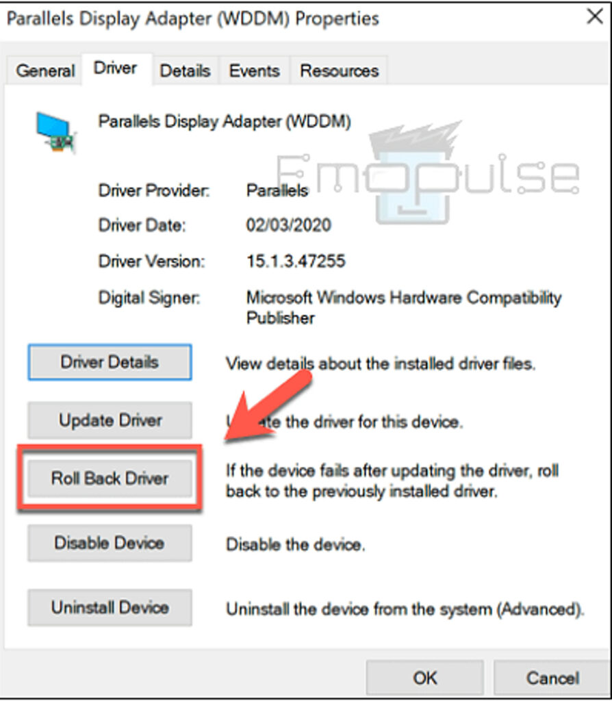 Device Manager > Device driver > Properties > Driver > Select 'Roll Back Driver'
