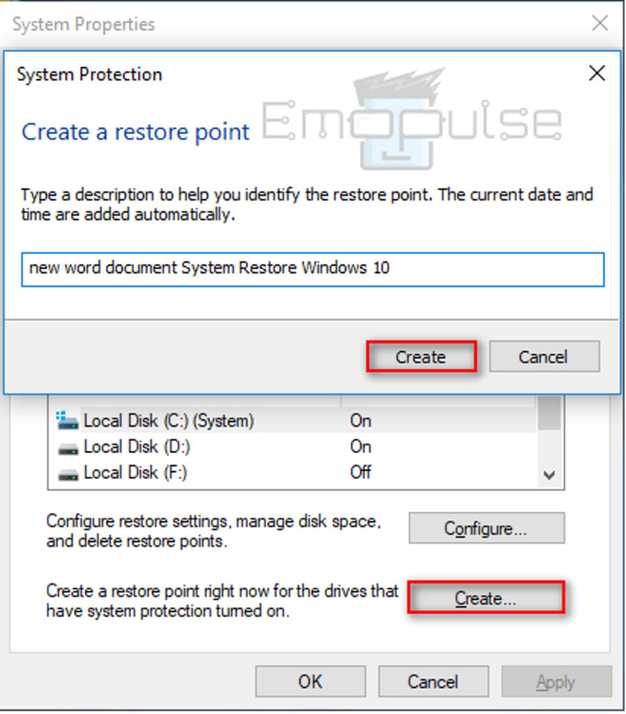 System protection > Create a restore point