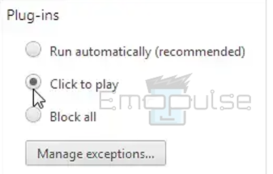 Open 'Plugins' section> Click on 'Click to play' > Click 'Done'