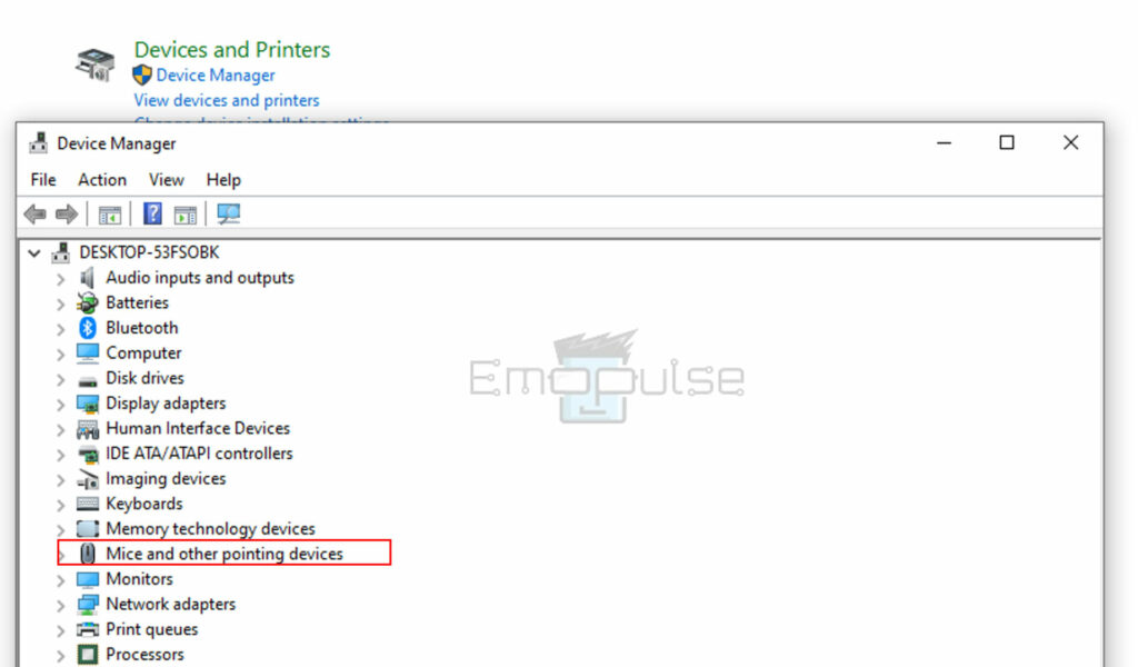 Device Manager > Select Mice & Other Devices section > Click the ">" > Expand the menu
