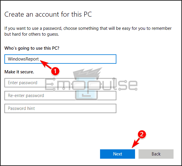 image showing how to create an account for this PC