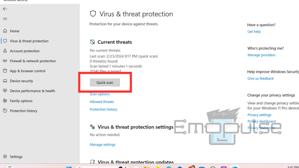 Quick Virus Scan Start > Windows Security